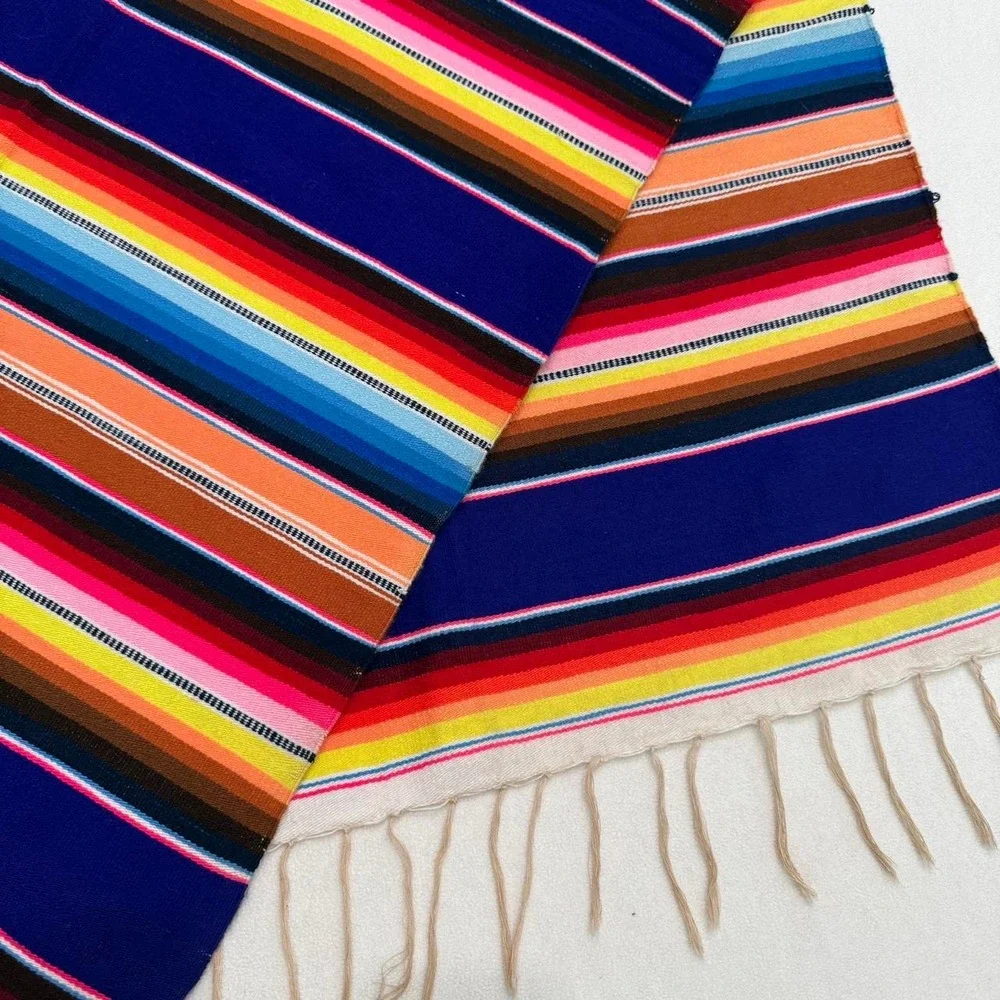 Mexican Serape Blanket Multi-Color Striped Saltillo Throw Blue 84x36